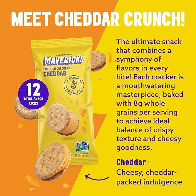 Mavericks Sandwich Crackers Cheddar - Cheese Filled Whole Grain Sandwich Cracker Snack Packs