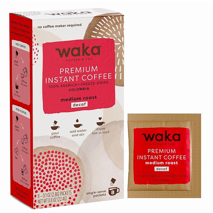 Waka Premium Decaf Instant Coffee Sachets — 100% Arabica Freeze Dried Beans — For Hot or Iced