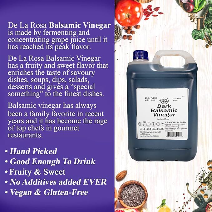 De La Rosa Dark Balsamic Vinegar, Vegan, Kosher & Gluten Free, Great for Salad Dressings, Marinades
