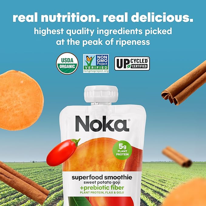 Noka Superfood Fruit Smoothie Pouches, Sweet Potato Goji, Healthy Snacks with Flax Seed, Plant
