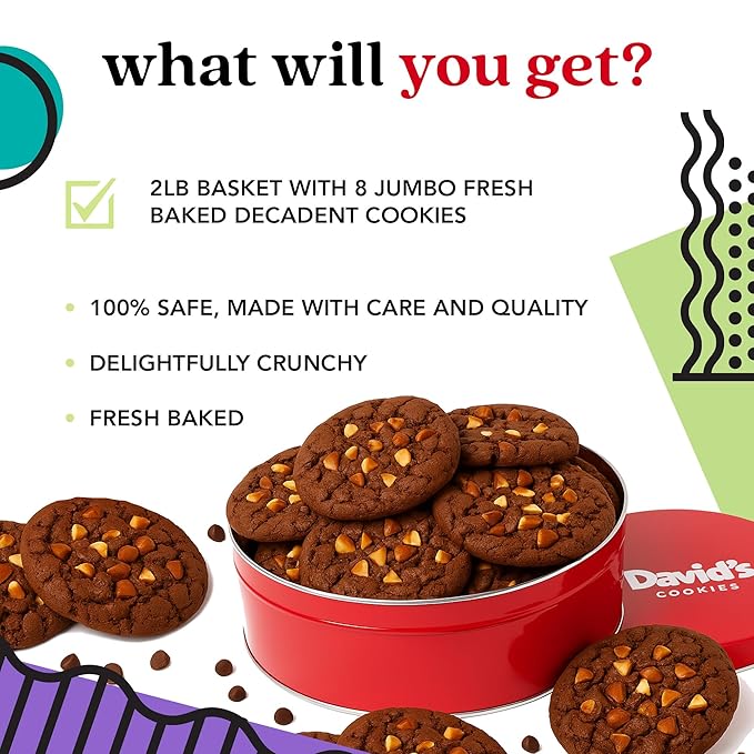 David's Cookies Fresh Baked Decadent Jumbo Almond Gourmet Cookies – 2lb Gift Basket Tin with 8