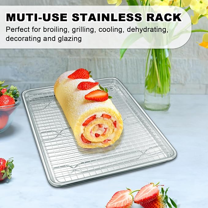 Half Sheet Pans with Rack Set, 18 Inch Commercial Quality Baking Sheet Pan Set, Natural Aluminum