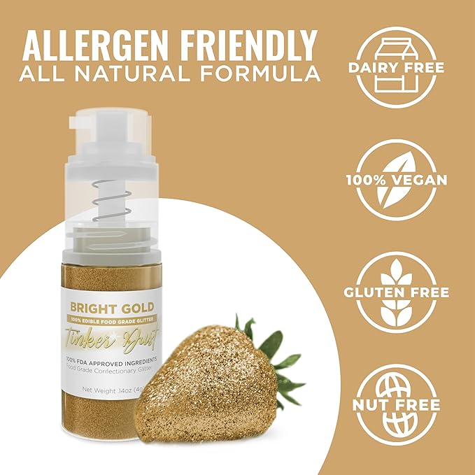 Bakell - Bright Gold Tinker Dust (4g, 1x Mini Spray Pump) Edible Glitter for Food, Desserts, and