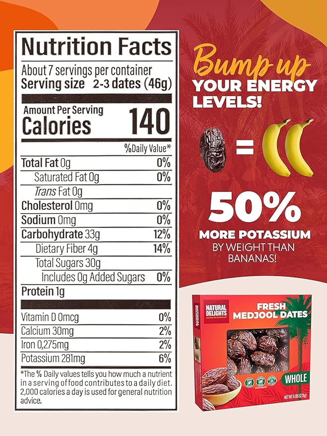 Natural Delights Medjool Dates Whole - Non-GMO Verified Fruit, Good Source of Fiber & Potassium
