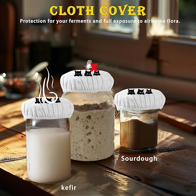 Sourdough Starter Cloth Covers Jars, Cute Black Cats Or Kombucha Kefir Fermentation Cheese Fabric