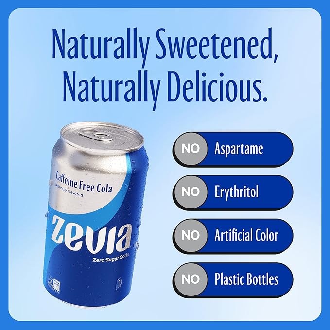 Zevia Zero Sugar Soda, Caffeine Free Cola, 12 oz Cans (24-Pack) ??Naturally Sweetened, Zero Calorie