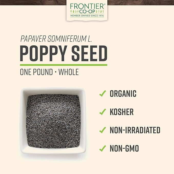Frontier Co-op Organic Whole Poppy Seed 1lb - Bulk Bag of Poppy Seeds for Baking, Salad Dressing
