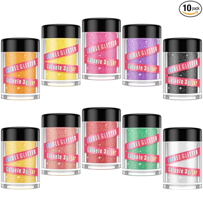 Edible Glitter for Cakes Drinks Luster Dust Set - Colaele 10 Colors Shimmering Disco Glitter Food