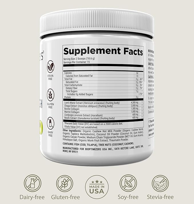 BIOptimizers Mushroom Coffee Alternative ??Chocolate Drink ??Lion?™s Mane, Chaga, Reishi + Collagen