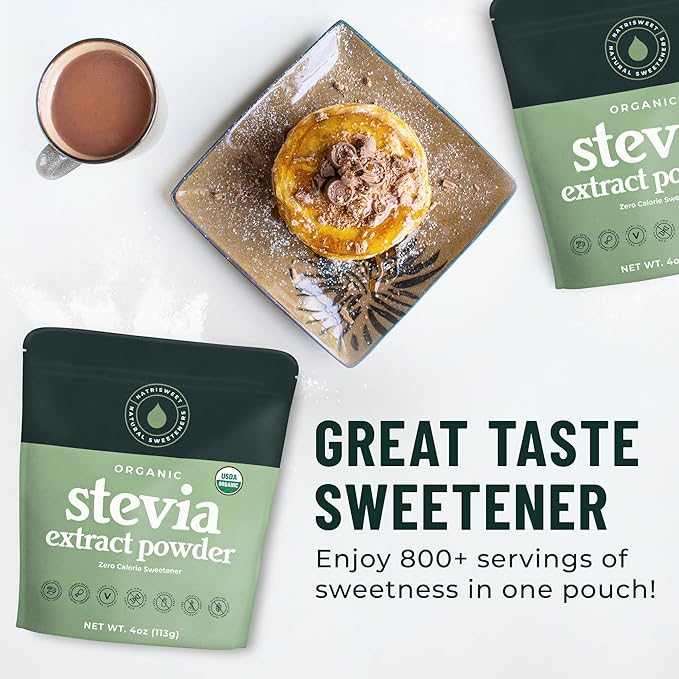 Organic 100% Pure Stevia Powder, 4 oz, Satisfies Sweet Cravings, Lowers Blood Sugar Levels for