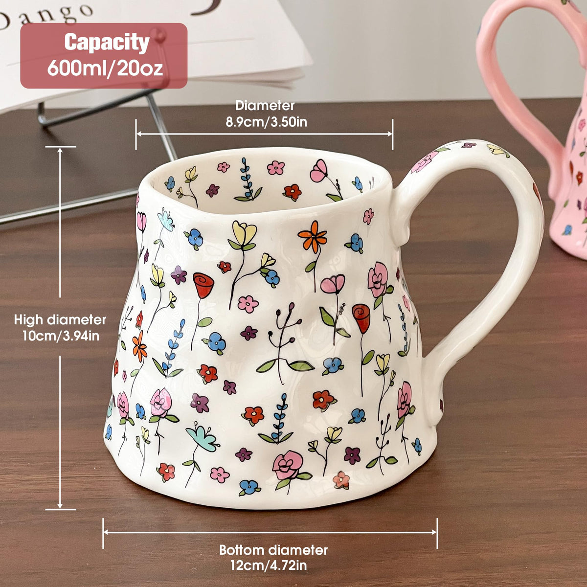Large Ceramic Coffee Mug Cute Flower with Handmade Big Handle, 20oz Girly Pink Floral Tea Cup for