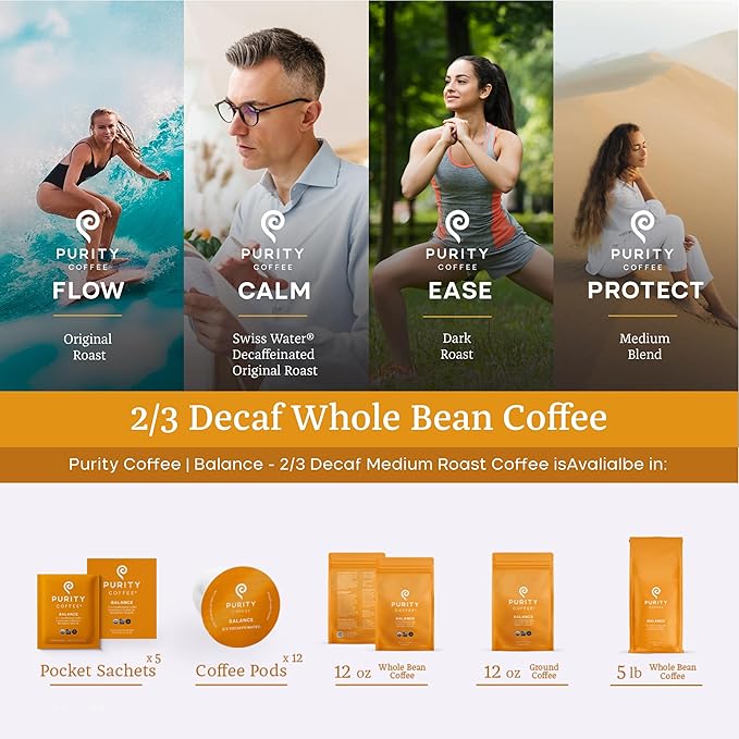 Purity Coffee BALANCE 2/3 Decaf Medium Roast Whole Bean Coffee (5lb Bag) - Specialty-Grade Mountain