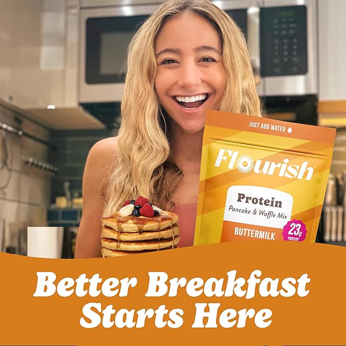 Flourish Protein Pancake & Waffle Mix, with Whey Protein & Flax Seed, No Added Sugar, High in