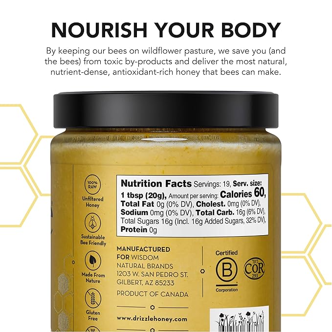 Drizzle Golden Raw Honey - All Natural Pure Raw Honey, Unfiltered & Unheated, Use in Tea & Coffee