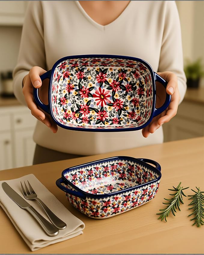 Ceramic Baking Dish Set of 2 ??Decorative Polish Pottery Style Casserole Dishes with Handles, Cute