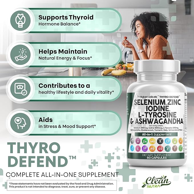 Clean Nutra Selenium 300mcg Iodine 500mcg Thyroid Support for Women & Men | L Tyrosine 500mg