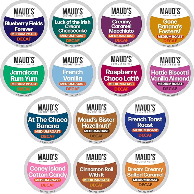 Maud's Flavored Decaf Coffee Pods Variety Pack, 80 ct,14 Assorted Roasts & Flavors, Decaf Medium