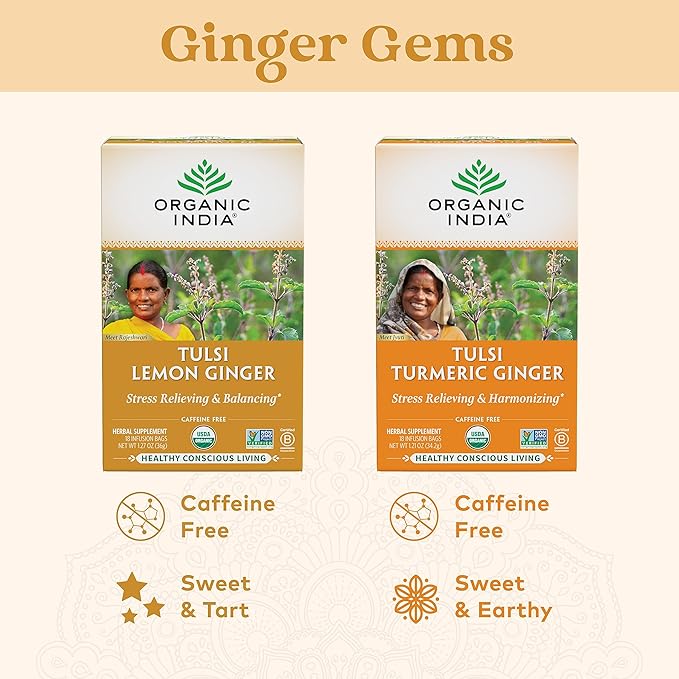 ORGANIC INDIA Tulsi Lemon Ginger Tea Bags - Herbal Tea, Stress Relieving & Reviving, Immune