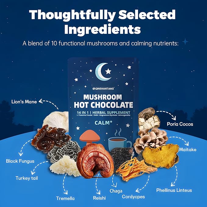 Mushroom Hot Chocolate for Calm & Relax | 10 Mushroom Blend with L-Theanine, GABA, Magnesium