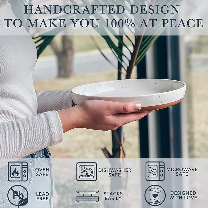 Mora Ceramic Flat Pasta Bowl Set of 4-35oz, Microwave Safe Plate with High Edge - Modern Dinnerware