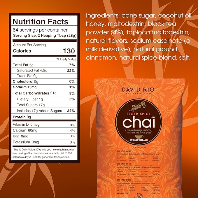 Tiger Spice Chai Tea Latte Mix, 64 Oz, Black Tea, Organic Spices, Dairy Free, Serve Hot or Cold