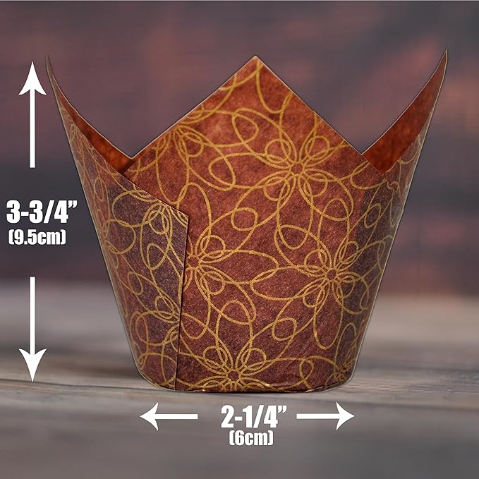 (JUMBO Large size) Brown Golden pattern Tulip Baking Cups 2-1/4"(Base diameter) x 3-3/4"(Wall