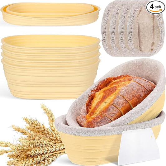 Nuogo 4 Pack Oval Bread Proofing Basket Silicone 10 Inch Collapsible Sourdough Bread Baking