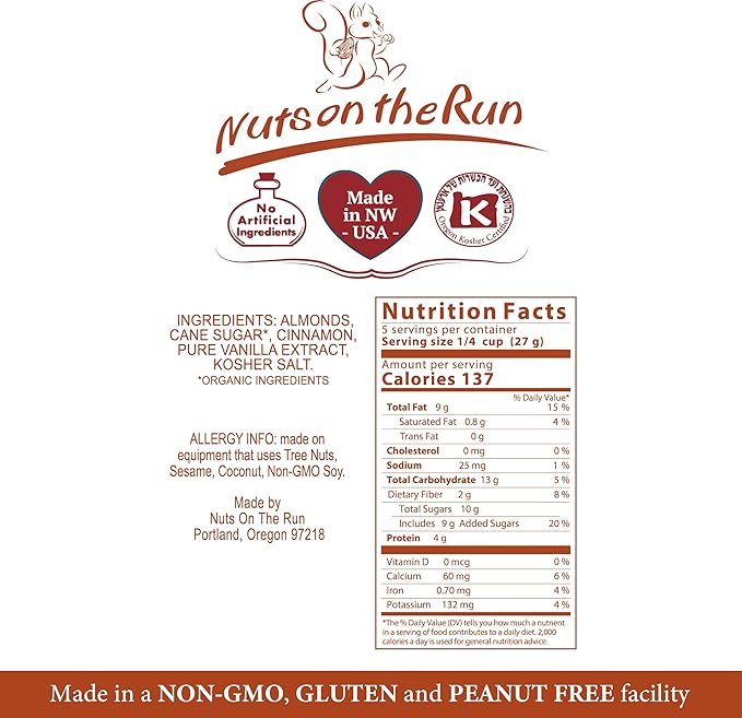 Cinnamon Almonds - Vegan, Kosher, Gluten-free, GMO-free - 4.75oz (PACK OF 3 BAGS), Satisfaction
