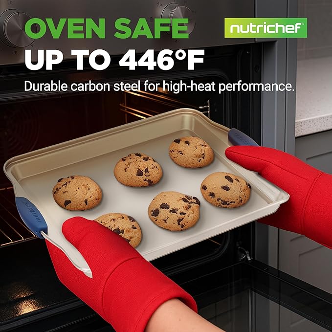 NutriChef 3-Piece Nonstick Bakeware Set - Premium Carbon Steel Oven Baking Trays w/Blue Silicone