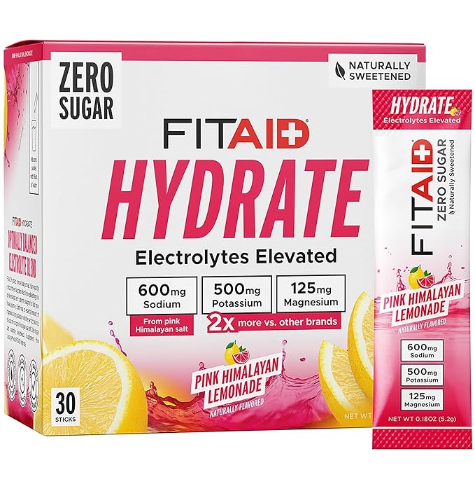 FITAID Hydrate Clean Electrolyte Mix, Zero Sugar, Balanced Electrolyte Ratios: 600mg Sodium, 500mg
