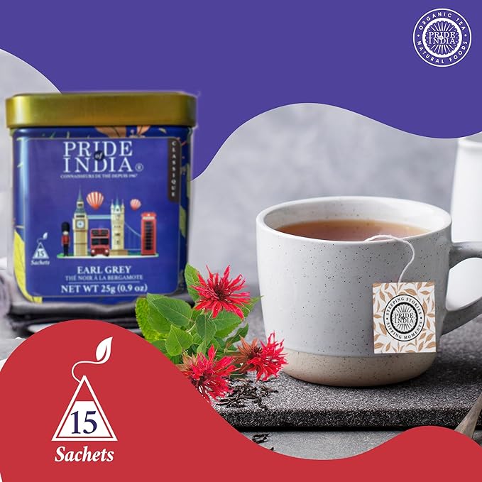 Pride of India | Earl Grey Bergamot Black Tea | 15 Pyramid Full Leaf Individually Wrapped Tea Bags