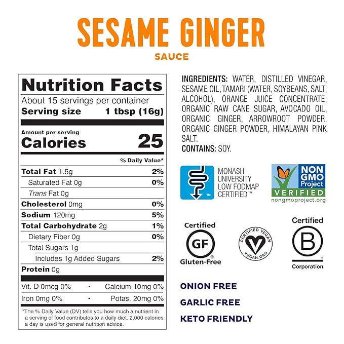 Fody Foods Sesame Ginger Sauce & Marinade, 8.5 Oz, Garlic and Onion Free, Low FODMAP Certified, Gut