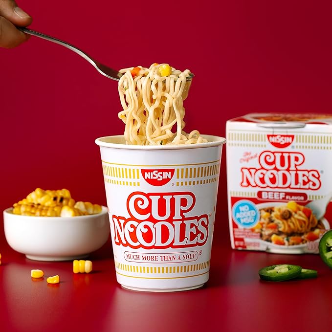 Nissin Cup Noodles Soup, Beef Flavor, Microwaveable Paper Cups, Instant Ramen, 2.25 Ounce (Pack of