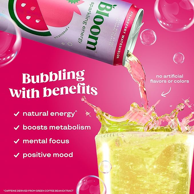 Bloom Nutrition Sparkling Energy Drink - Natural Caffeine, Zero Sugar, 180mg Caffeine