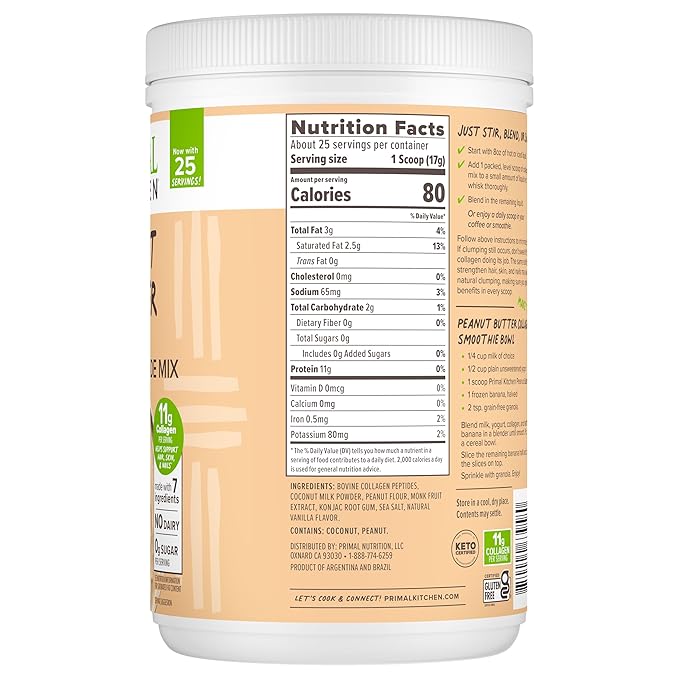 Primal Kitchen Peanut Butter Flavor Collagen Fuel짰 Drink Mix, Collagen Peptides, No Dairy, 14.3