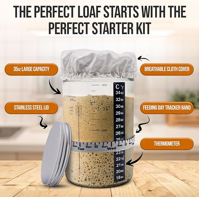 Complete Sourdough Starter Kit and Sourdough Bread Baking Supplies - Includes 9" Banneton Proofing