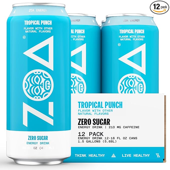 ZOA Zero Sugar Energy Drinks, Tropical Punch - Sugar Free with Electrolytes, Healthy Vitamin C
