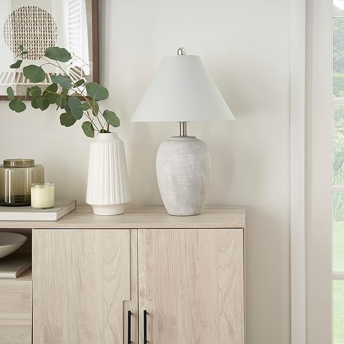 Nourison Home 23" Grey Vintage Distressed Ceramic Pot Table Lamp for Bedroom, Living Room, End