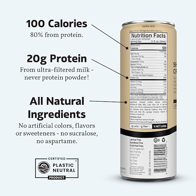 Slate Milk - High Protein Iced Coffee - Vanilla Latte - 175mg Caffeine, Lactose Free Energy - 20g