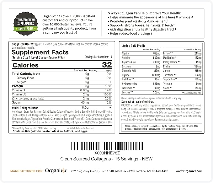 Organixx Collagen Peptides Powder with Vitamin C, Types I, II, III, V, X Hydrolyzed Collagen, Hair