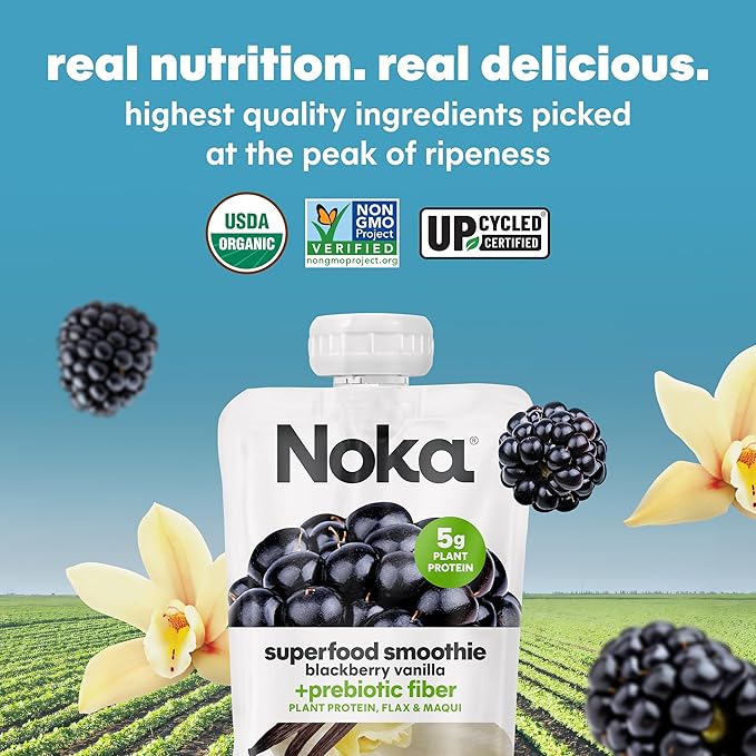 Noka Superfood Fruit Smoothie Pouches, Blackberry Vanilla, Healthy Snacks with Flax Seed, Plant