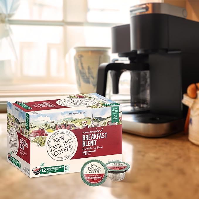 New England Coffee Breakfast Blend Medium Roast Single Serve Pods, 12ct Box (Pack of 1)