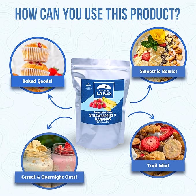 Thousand Lakes Freeze Dried Fruit - Strawberries and Bananas - 3 oz | No Sugar Added | 100% Fruit |