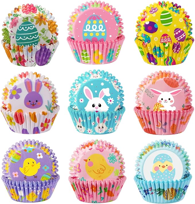 SANNIX 450pcs Easter Cupcake Liners, Bunny Chick Egg Flower Baking Cups Cupcake Wrappers Paper