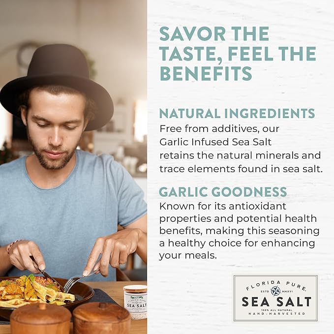 FLORIDA PURE Garlic Sea Salt 80+ Mineral Sea Salt Unrefined Garlic Salt, Non Iodized, Natural Sea