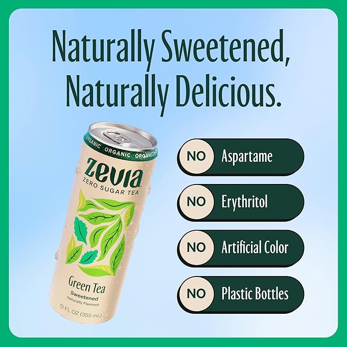 Zevia Zero Sugar Tea, Green Tea, 12 oz Cans (12-Pack) – Naturally Sweetened, Zero Calorie Sugar