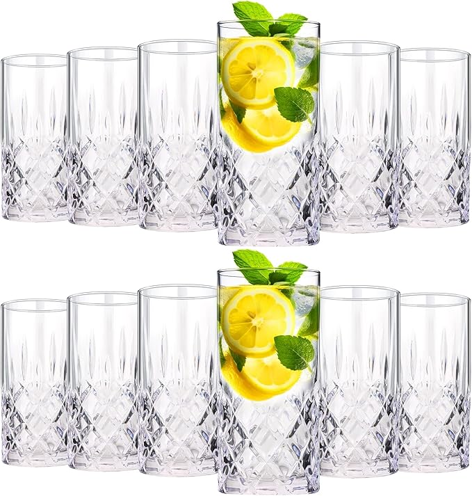 Uiifan Set of 12 Tall Highball Glasses 12 oz Crystal Drinking Glasses Clear Fancy Cups Vintage