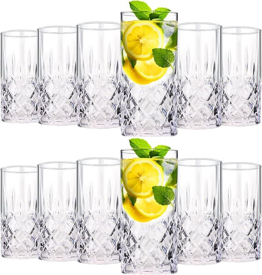 Uiifan Set of 12 Tall Highball Glasses 12 oz Crystal Drinking Glasses Clear Fancy Cups Vintage