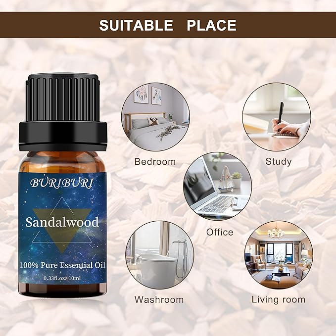 BURIBURI Sandalwood Essential Oils for Diffuser, Skin, Hair, 100% Pure, Fragrance Oil for Candle