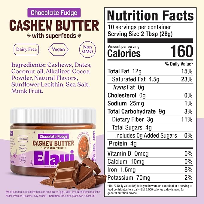 ELAVI Keto Cashew Butter, Kid-Friendly, Low-Sugar Dessert Spread | Vegan, No Added Sugar, No Sugar